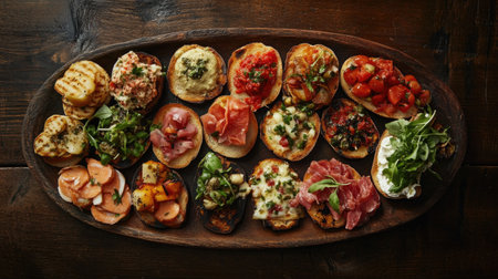 An inviting cicchetti platter featuring an array of colorful appetizers, perfect for gatherings. Ideal for sharing during social events or casual dining experiences.の素材