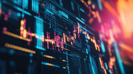 This abstract digital background showcases vivid data visualization with colorful patterns and intricate details, ideal for technology and design themes.の素材