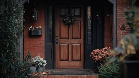 A cozy entrance featuring a wooden door adorned with a seasonal wreath, surrounded by potted flowers and lush greenery, perfect for home aesthetics.の素材
