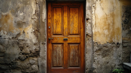 A vintage wooden door set against a weathered stone wall, showcasing rustic charm and a blend of textures in an inviting entrance to a historical building.の素材