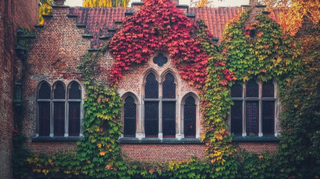 A picturesque view of a historic building adorned with vibrant ivy leaves. The warm colors and intricate architecture offer a serene and inviting atmosphere.の素材