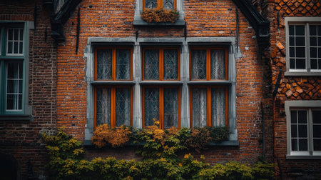 A beautiful brick wall featuring vintage windows adorned with plants, showcasing charm and character in a cozy residential setting. Perfect for architectural themes.の素材