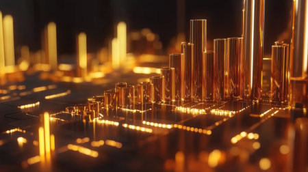 A stunning golden abstract visualization showcasing digital data patterns. This image represents modern technology, innovation, and vibrant design elements.の素材