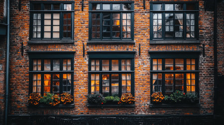 A captivating image of a brick wall featuring historic windows adorned with vibrant flowers, glowing warmly in the evening light. Ideal for urban and architectural themes.の素材