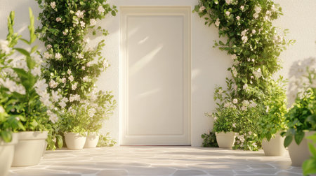 A serene entryway adorned with flowering plants, bathed in soft sunlight. This scene captures natural beauty, inviting warmth, and tranquility in nature.の素材