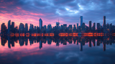 A stunning cityscape captures the skyline at sunrise, showcasing vibrant colors reflected in calm waters. The scene evokes feelings of tranquility and beauty.の素材