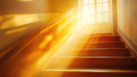 A beautiful wooden staircase bathed in warm sunlight, creating a serene and inviting atmosphere. This image illustrates tranquil moments of elevation and journey.の素材