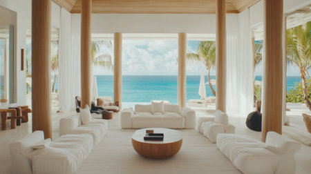 A spacious modern living room featuring a stunning ocean view, bright sunlight, and contemporary decor that invites relaxation and harmony with nature.の素材