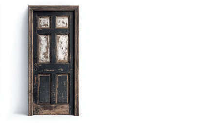 This image features an old wooden door with a rustic design. The weathered finish and peeling paint give it a unique character, perfect for various projects.の素材