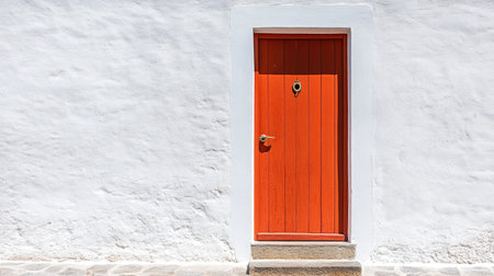 A vibrant orange door stands out against a white wall, bathed in sunlight. This image captures a minimalist design, perfect for architectural projects.の素材