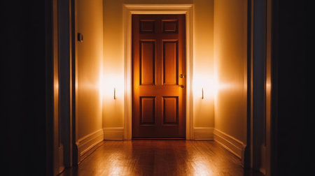 A warmly lit doorway invites curiosity down a quiet hallway, blending elegance and simplicity. The soft glow creates a cozy atmosphere, enhancing the space's intrigue.の素材