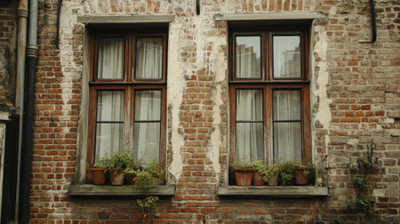A charming view of rustic windows adorned with potted plants, set against a textured brick wall. This warm scene captures the essence of traditional architecture and tranquility.の素材