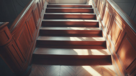 A beautiful view of elegant wooden stairs illuminated by soft natural light, showcasing intricate craftsmanship and inviting ambiance perfect for interior design projects.の素材
