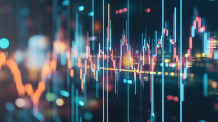 A vibrant visualization of digital financial data displaying colorful trends, signals, and patterns, representing technology and market analytics.の素材