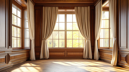 A beautifully designed wooden room with large windows allowing soft sunlight to pour in. Elegant curtains frame the view of lush greenery outside, creating a peaceful ambiance.の素材