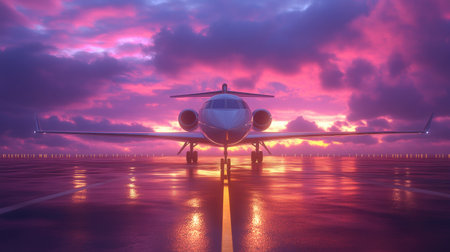 A stunning private jet sits on a runway at sunset, surrounded by a vibrant sky filled with clouds. The reflection creates a serene atmosphere, perfect for travel or aviation themes.の素材