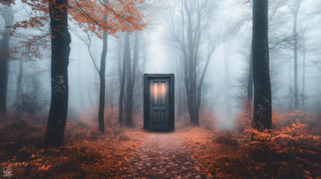 A mysterious door stands alone in a foggy forest, surrounded by autumn leaves and shadowy trees, inviting exploration into the unknown.の素材