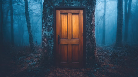 An enchanting wooden door set within a majestic tree in a foggy forest creates a mysterious and serene atmosphere, inviting exploration and imagination.の素材