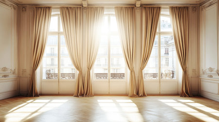 A bright and elegant interior showcasing draped curtains, allowing natural sunlight to fill the space, creating a warm and inviting atmosphere.の素材