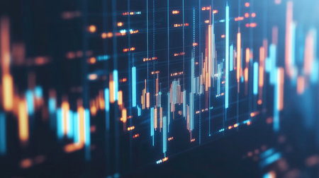 This image showcases an abstract financial data visualization with vibrant colors. It represents stock market trends, data analysis, and trading graphics.の素材