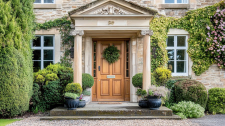 A charming entrance featuring a wooden door adorned with a wreath, surrounded by lush greenery and elegant landscaping, inviting a warm welcome.の素材