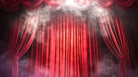 A striking image of red velvet curtains adorned with elegant drapery, illuminated by dramatic lighting and enveloped in soft smoke, perfect for theatrical and performance-related themes.の素材