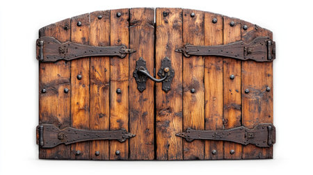 A rustic wooden door with iron accents showcases craftsmanship and a vintage feel. Ideal for architectural designs or rustic-themed projects.の素材