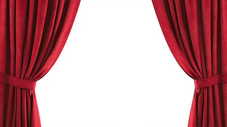 Vibrant red curtains gracefully hang, offering a striking visual on a white background. Ideal for theatrical and interior design projects, these elegant drapes evoke warmth and luxury.の素材