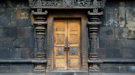 This image features an ornate ancient door with intricate carvings, set against a weathered stone wall, showcasing historic architecture and cultural heritage.の素材