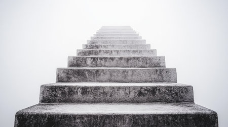 A captivating image of a staircase disappearing into thick fog, evoking feelings of mystery and solitude. The concrete steps lead to an unknown destination, inviting exploration.の素材