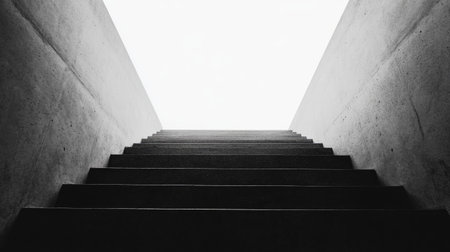 A minimalist black and white image of a staircase leading to a bright light above, symbolizing hope, ascent, and a journey toward clarity and enlightenment.の素材