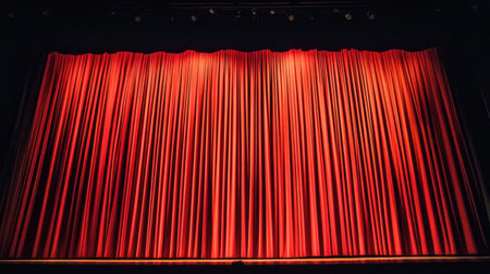 This vibrant red stage curtain creates an elegant backdrop for theatrical performances, adding drama and anticipation to any entertainment event.の素材