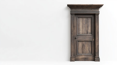 A vintage wooden door set against a minimalistic background, showcasing exquisite craftsmanship and a rustic charm ideal for home decor or architectural design projects.の素材