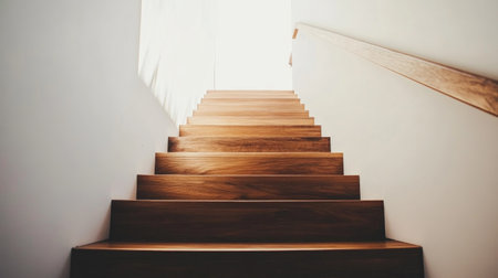A beautifully designed wooden staircase leading upwards, illuminated by bright light at the top. This image embodies warmth, simplicity, and inviting architecture.の素材