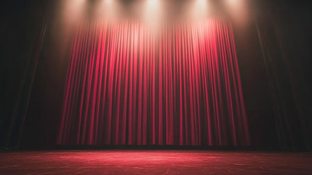 Dramatic red curtain on stage, illuminated by soft spotlights, creating an inviting atmosphere for theatrical performances and artistic events.の素材