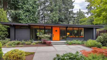 A stunning modern home features a bright orange door surrounded by lush greenery. This design reflects a seamless blend of architecture and nature.の素材