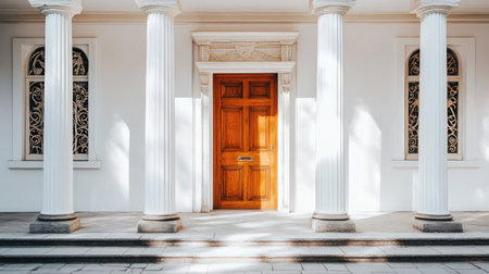 A beautiful entrance showcasing a wooden door framed by classic columns, illuminated by soft sunlight. Ideal for design and architecture themes.の素材