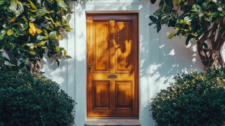 A solid wooden door framed by lush greenery creates an inviting entrance, showcasing natural beauty and warmth. Ideal for home and garden themes.の素材