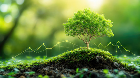 A vibrant tree grows on a mossy mound, surrounded by greenery. Overlay graphics depict growth metrics, symbolizing nature and progress in harmony.の素材