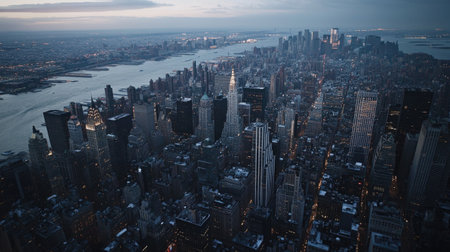 Captivating aerial view of New York City's skyline at dusk, showcasing illuminated buildings and the serene flow of the river beneath a twilight sky.の素材