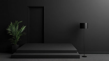 This modern minimalist interior features a sleek black design with a plant and a lamp, creating a tranquil and elegant atmosphere perfect for showcasing contemporary decor.の素材