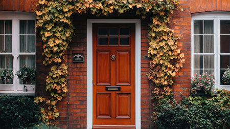 A charming red door framed by climbing ivy on a brick wall, surrounded by colorful flowers. This inviting entrance showcases a peaceful blend of nature and architecture.の素材
