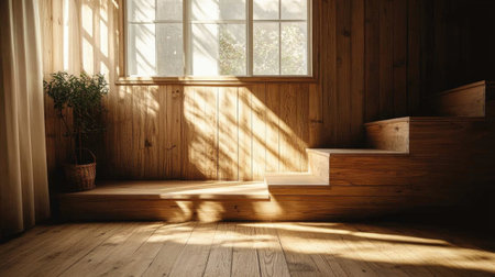 This image features a warm wooden staircase illuminated by natural light streaming through a window, creating a serene atmosphere. Perfect for interior design or home decor themes.の素材