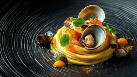 A visually stunning artistic presentation of spaghetti alle vongole, featuring fresh pasta adorned with clams, flavorful herbs, and vibrant ingredients on a sleek black plate.の素材