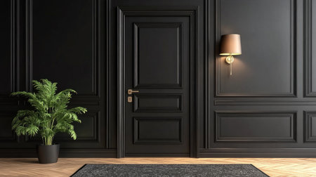 A sophisticated interior scene featuring a stylish dark door, elegant wall features, and a lush green plant, creating a modern and inviting space.の素材