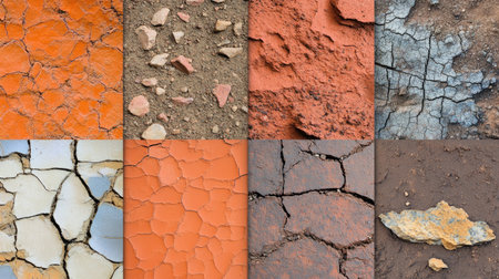 Explore a diverse collection of cracked earth and soil textures showcasing various colors and patterns, ideal for backgrounds and design projects.の素材