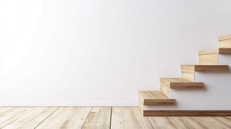 A beautifully designed set of wooden stairs against a plain wall, offering a minimalist aesthetic perfect for modern interior projects and renovations.の素材