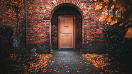 A charming entrance featuring a wooden door framed by a brick arch, surrounded by vibrant fall leaves. Ideal for autumn-themed projects or cozy home imagery.の素材
