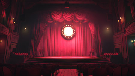 A dramatic theater stage featuring rich red curtains and a bright spotlight. The empty seating creates anticipation for upcoming performances in this artistic venue.の素材