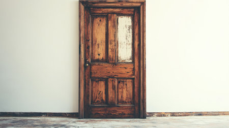 A vintage wooden door stands alone in a minimalist interior, showcasing rustic charm and craftsmanship. The warm tones enhance the serene atmosphere.の素材